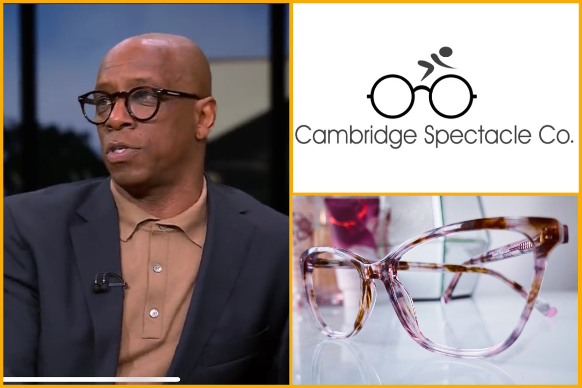 Image of Ian Wright MBE wearing the model 'Prince' by Cambridge Spectacle Co. logo and glasses 
